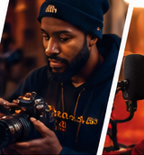 An artist reviewing footage on a camera