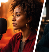A creative recording at a podcast microphone