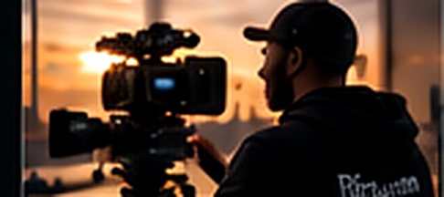 A videographer filming at sunset with a cinema camera